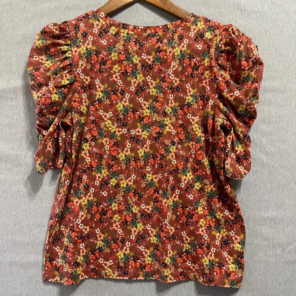 LOFT Women Top S Red Floral Puff Sleeve Ruched Cotton Knit 569071 SP21